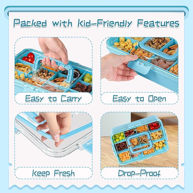 Xyptorix Snack Box Container for Kids - Adjustable 12-Compartment Snack Containers, Reusable Bento Box, Dishwasher Safe, BPA-Free, Perfect for School, Travel, Camping & Picnic, Blue, Large