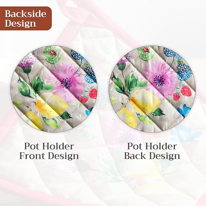 Maison d' Hermine Pot Holders 100% Cotton Heat Resistant Potholders 8" x 8" Hot Pads with Loop BBQ Baking Gifts for Mothers Day Handling Hot Pans Spring/Summer (Pack of 1, Jardin D'Ete - Fog)