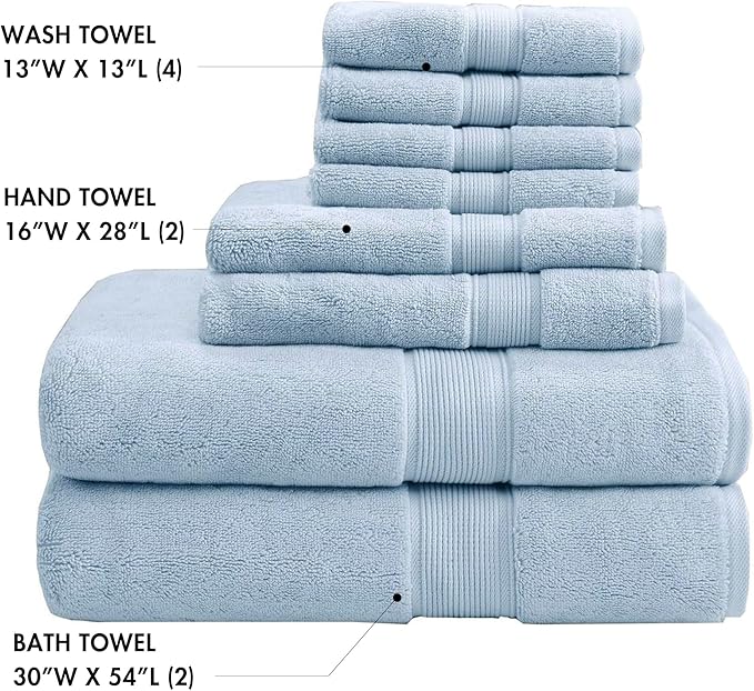 Madison Park 800GSM Bathroom Towel Set of 8 100% Cotton Bath Towel Set for Bathroom Luxurious Highly Absorbent 2 Bath Towels 2 Hand Towels 4 Washcloths Quick Dry Spa Quality Light Blue