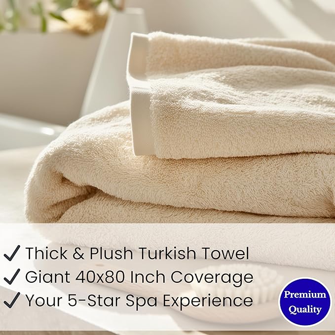 SALBAKOS Luxury 100% Turkish Cotton Bath Sheets 40x80 in Oversized Extra Large Bath Towels | Premium Hotel Quality Thick Soft Absorbent Turkish Towel for Spa Beach (Pack of 1, Ivory, Jumbo Bath Sheet)