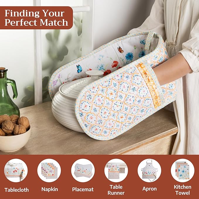 Maison d' Hermine Double Oven Mitts 100% Cotton 7"x35" Double Oven Mitt Heat Resistant BBQ Cooking Gloves with Loop Baking Grilling Gifts for Mothers Day Spring Summer (Summer Whisper)