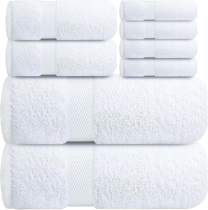Infinitee Xclusives Luxury 100% Cotton Towel Set – 8 Piece Bathroom Towel Set (2 Bath Towels, 2 Hand Towels, 4 Washcloths) – Soft & Absorbent Towels for Bathroom (Brilliant White)