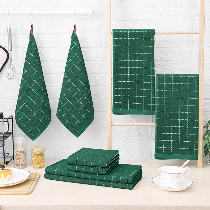 Homaxy Kitchen Towels and Dishcloths Set, 12 x 12 and 13 x 28 Inches, Set of 16 Bulk Cotton Terry Kitchen Towels Set, Checkered Designed, Soft and Super Absorbent Dish Cloths, Dark Green