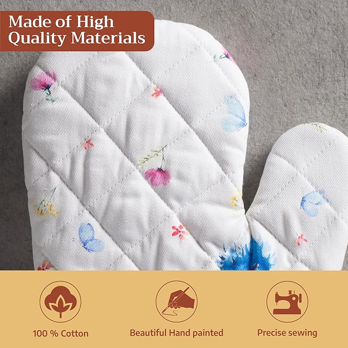Maison d'Hermine Oven Gloves 100% Cotton Oven Mitt 7" x 13" with Loop Heat Resistant BBQ Cooking Gloves Baking Grilling Gifts for Mothers Day Spring/Summer (Pack of 1, Flower in The Field)