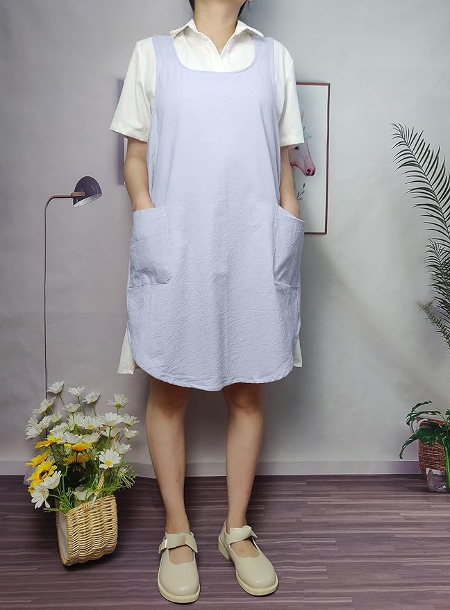 Cotton Cross Back Aprons Solid Color Cooking Kitchen Garden Smock for Women Girls with Pockets
