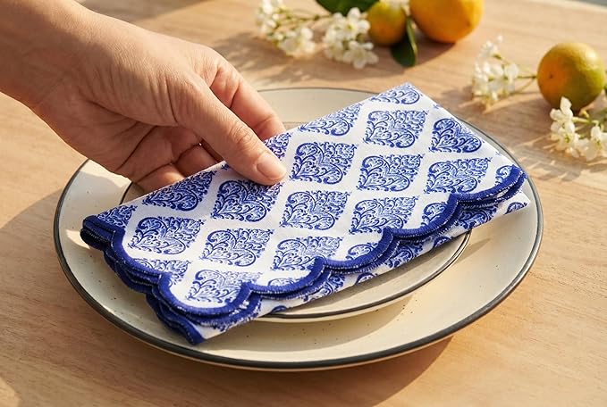PurpleEssences Scalloped Embroidery Cloth Napkins - Spring Easter Summer - Table Decor - 100% Cotton - Set of 4-18x18 inch - Floral Paisley Edges - Blue