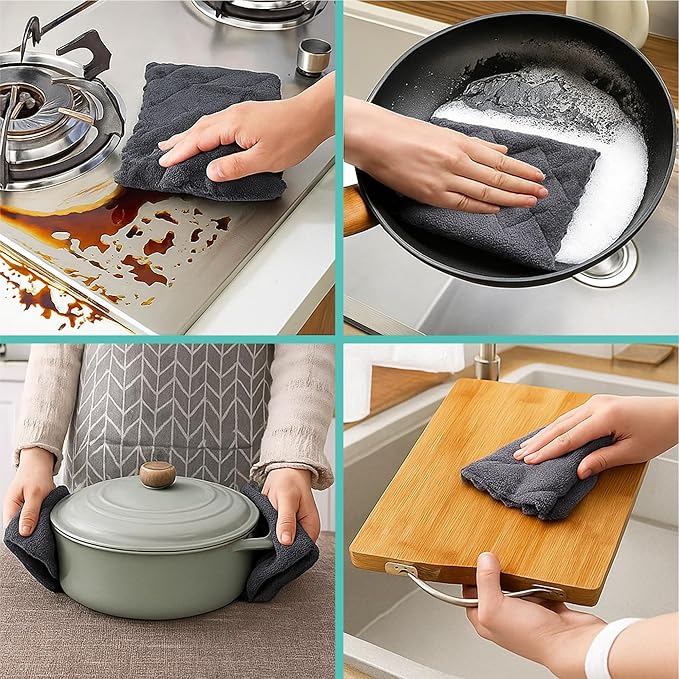 20 Pack Kitchen Towels and Dishcloths Sets, 12 X 12 Inches, Absorbent Dish Towels for Kitchen, Microfiber Cleaning Cloth, Dish Cloths for Washing Dishes (Dark Gray)