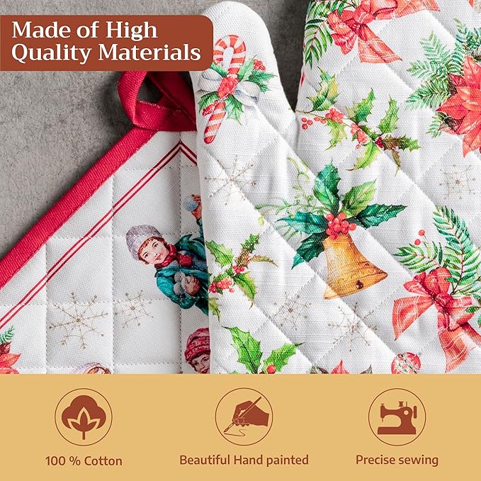 Maison d' Hermine 100% Cotton Oven Mitt & Pot Holder Set (7.5"x13" & 8"x8") Heat Resistant BBQ Cooking Gloves with Loop for Thanksgiving Christmas Decorations Handling Hot Pans (Chromo)