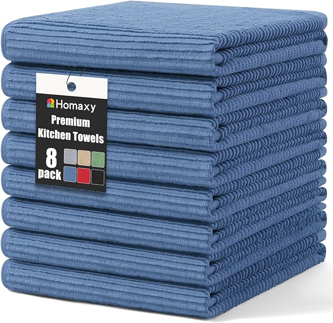 Homaxy Premium Kitchen Towels (18"x 28", 8 Pack), Large 100% Cotton Kitchen Hand Towels, Ultra Absorbent Ribbed Terry Tea Towels Set with Hanging Loop, Black
