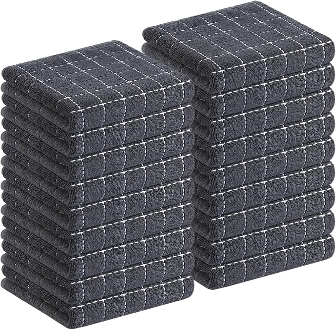 Homaxy 100% Cotton Terry Kitchen Towels(Dark Grey, 13 x 28 inches), Checkered Designed, Soft and Super Absorbent Dish Towels, 18 Pack