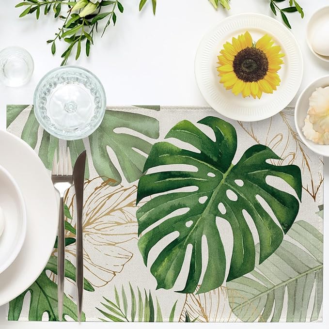 Seliem Spring Summer Palm Leaves Placemats Set of 4, Tropical Greenery Monstera Plant Dining Table Place Mats, Hawaii Seasonal Kitchen Decor Home Decoration 12 x 18 Inch