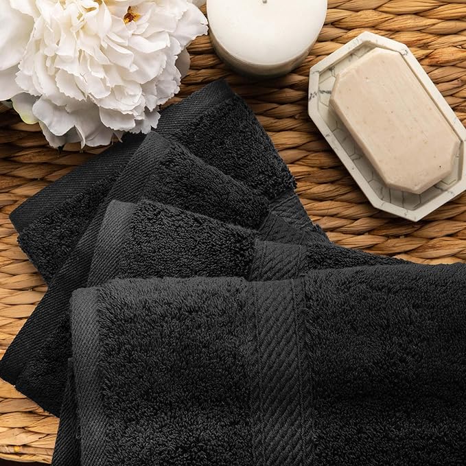 SUPERIOR Egyptian Cotton Pile Hand Towel Set of 4, Ultra Soft Luxury Towels, Thick Plush Essentials, Absorbent Heavyweight, Guest Bath, Hotel, Spa, Home Bathroom, Shower Basics, Black
