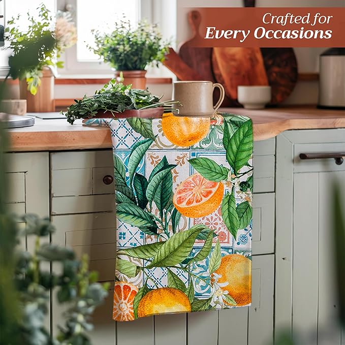 Maison d' Hermine Kitchen Towels Set of 3 100% Cotton 27.50" x 20" Reusable Cloth Tea Dish Towels Absorbent with Hanging Loop for Kitchen Gifts for Mothers Day Spring/Summer (Agrume)