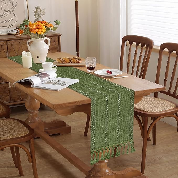 Niviy Sage Green Boho Table Runner for Home Decor 108 Inches Long with Tassels, Rustic Macrame Cotton Linen Woven Coffee Table Runners for Bohemian Dining Table Decoration, Green