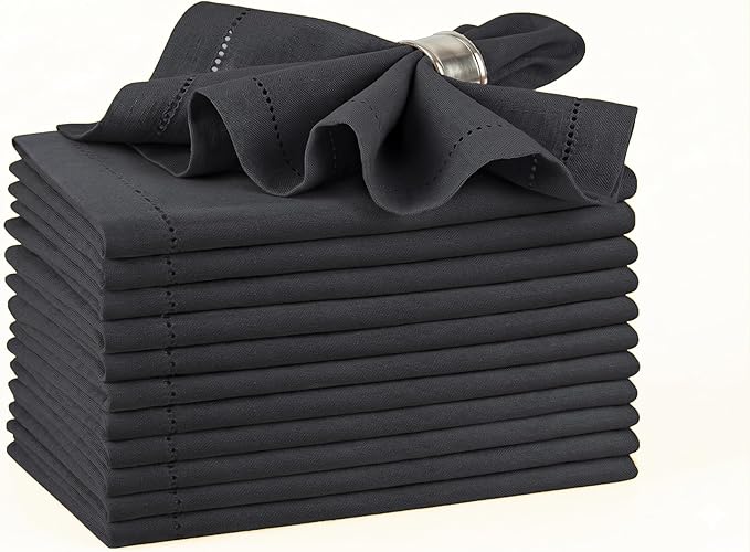 Palisa Charcoal Cotton Napkins Set of 12 | Premium Hemstitch Detailing Cloth Dinner Napkins 18x18 Inch | Soft Washable & Reusable Table Napkins for Everyday Use Weddings Parties Restaurants & Hotels