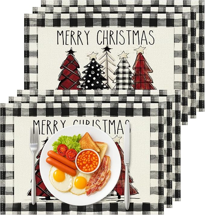 Bloss Christmas Placemats Set of 6,Red and Black Buffalo Plaid Christmas Trees Table Placemats,12x18 Inch Seasonal Winter Xmas Holiday Kitchen Dining Tables Mats for Indoor Outdoor Home Party Decor