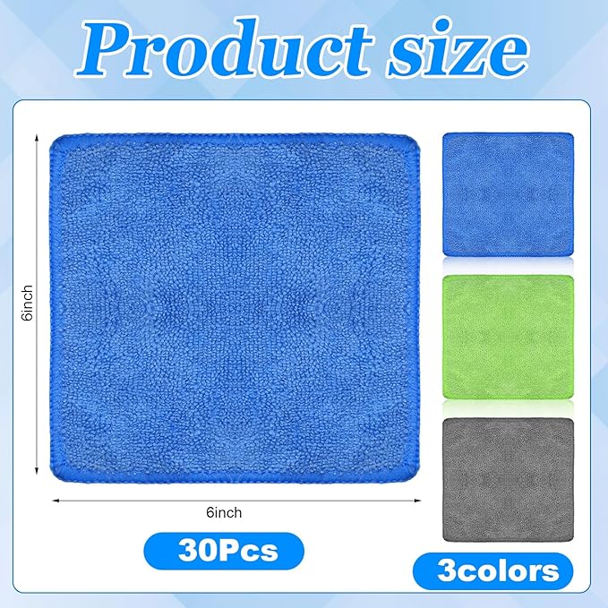 Tanlade Cleaning Cloth Dry Erase Cloth Cleaning Rags Reasonable Kitchen Towels Microfiber Towels Cars Wash(6 x 6 Inch,Gray/Green/Blue,30 Pcs)