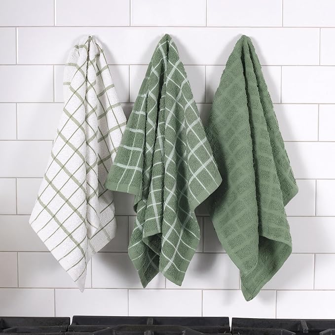 Ritz Premium 100% Cotton Terry Check Kitchen Dish Towels - Highly Absorbent, Super Soft, Long-Lasting, 25"x15", 3-Pack, Juniper