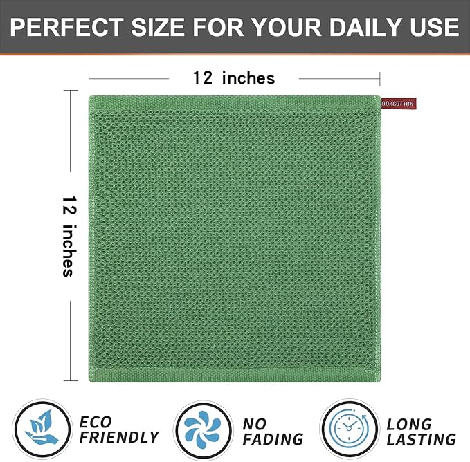 Kitinjoy 100% Cotton Kitchen Dish Cloths (12 X 12 Inches, Grass Green), 8 Pack Waffle Weave Ultra Soft Absorbent Dish Towels for Drying Dishes Quick Drying Kitchen Towels Dish Rags