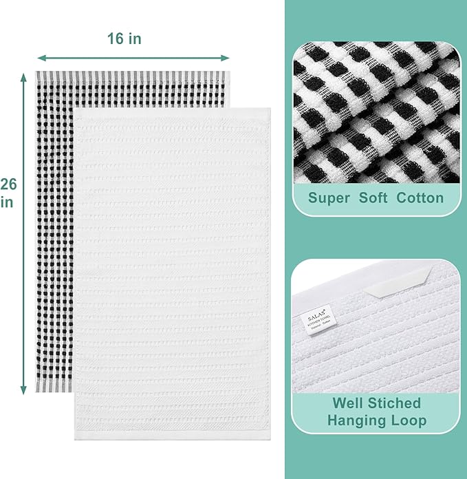SALAS Cotton Dish Towels Cloths for Kitchen Drying Dishes, Lattice Terry Kitchen Towels, Highly Absorbent Cloths with Hanging Loop, 16‘’ x 26‘’, 4 Packs, Black and White