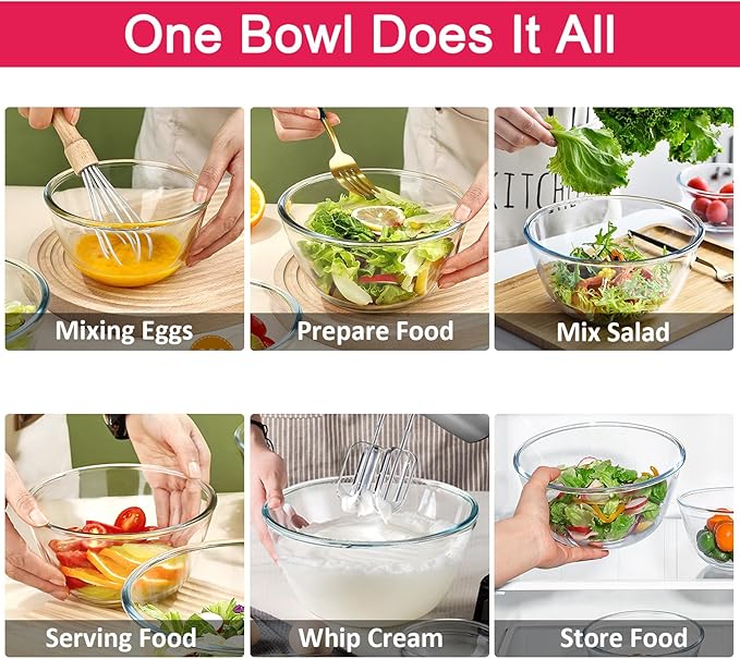 KOMUEE 4 Pack Glass Mixing Bowls Set with Lids (4.8QT, 2.9QT, 1.7QT, 0.8QT), Glass Nesting Bowls for Kitchen Baking, Cooking and Serving, Oven, Dishwasher, Freezer, and Microwave Safe