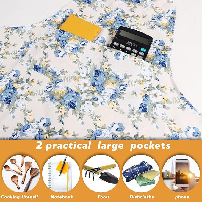 Sanlykate Extra Large Canvas Cotton Apron for Men & Women, Plus Size Durable Aprons with 2 Pockets, Adjustable Bib Machine Washable Oversized Aprons for Baking, Cooking, Painting - Blue Rose
