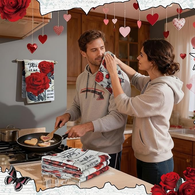 Breling Set of 6 Valentine's Day Red Rose Kitchen Towels Vintage Flowers Dish Towel Romantic Floral Decorative Hand Cloths for Valentine Kitchen Bathroom Decoration Housewarming Gifts, 14 x 21 Inch