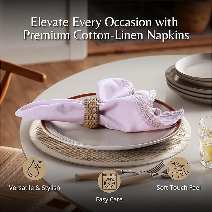 Ramanta Home Linen Flax Cloth Napkins Set of 24 Lavender, 18x18 Inch | Easter Premium Cotton Linen Flax Lace Soft & Durable | Washable Ideal for Spring Basket Décor, Wedding, Kitchen, Everyday Use