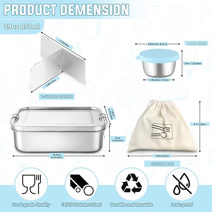 HaWare Lunch Box, 29oz (850ML) Stainless Steel Bento Box with Condiment Container and Carrying Bag, 3 Compartment Food Container for Kids and Adults, Leak-Proof Metal Snack Box, Dishwasher Safe