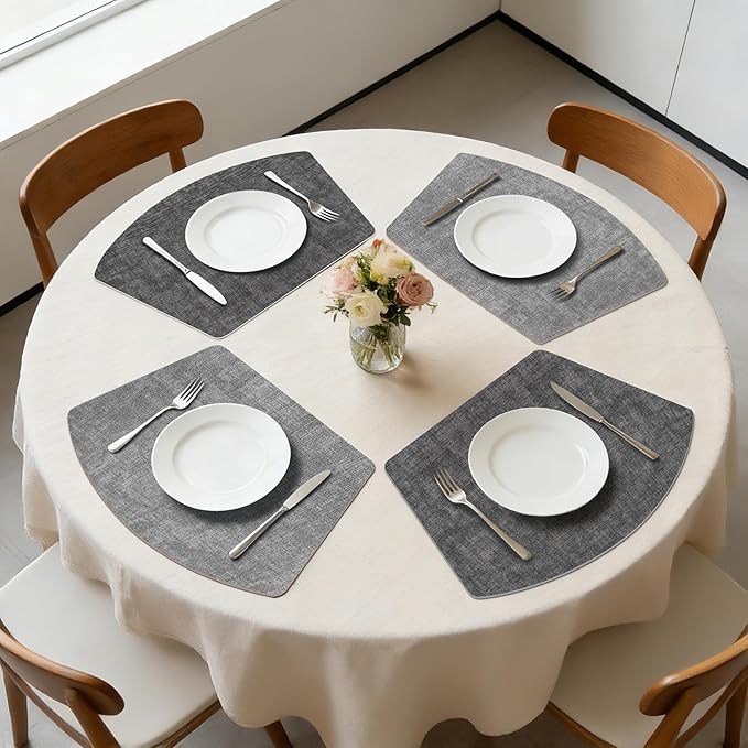 Round Table Placemats Set of 6 Dual-Sided Wedge Shape Faux Leather Table Mats, Washable Wipeable Heat Resistant Place Mats for Outdoor Indoor, Light Gray/Gray