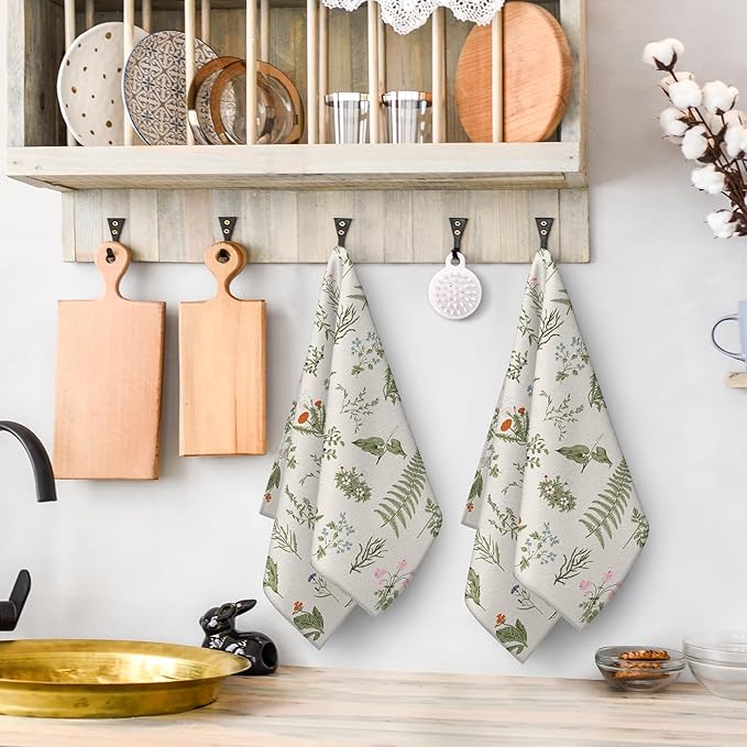 Vintage Floral Kitchen Towels Decorative Set of 2 Sage Green Herbs and Wildflowers Dish Towels Cute Botanic Absorbent Hand & Tea Towel for Kitchen Farmhouse Spring Summer Decor 16"x24"