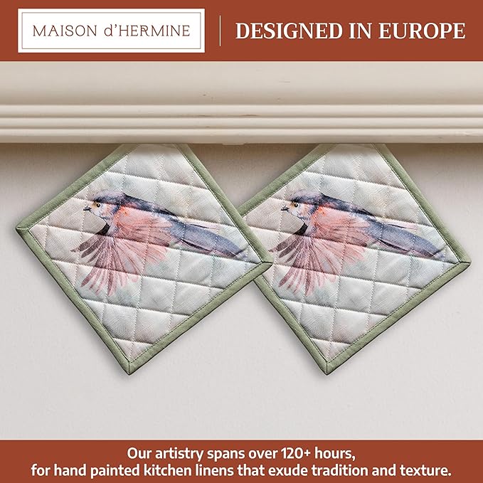 Maison d' Hermine Pot Holders 100% Cotton Heat Resistant Potholders 8" x 8" Hot Pads with Loop BBQ Cooking Baking Gifts for Mothers Day Handling Hot Pans Spring/Summer (Pack of 2, Flying Birds)