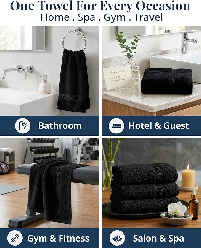 Black Hand Towels for Bathroom - 6 Pack (16"x28"), 100% Ringspun Cotton Hand & Face Towel - Soft, Prevent Fraying, Fade and Shrink Resistant - Daily Use Gym Towels for Men & Family Bathroom Hand Towel
