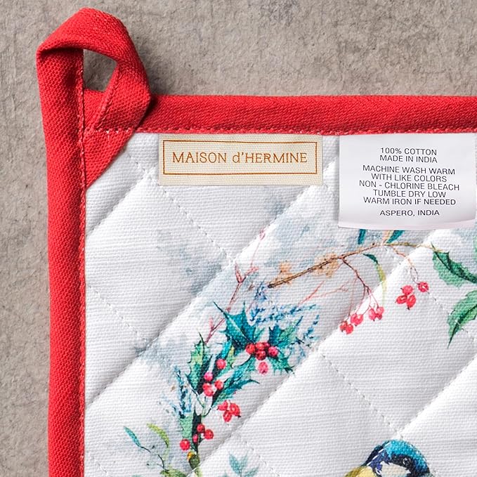 Maison d' Hermine 100% Cotton Oven Mitt & Pot Holder Set (7.5"x13" & 8"x8") Heat Resistant BBQ Cooking Gloves with Loop for Thanksgiving Christmas Decorations Handling Hot Pans (Morzine)