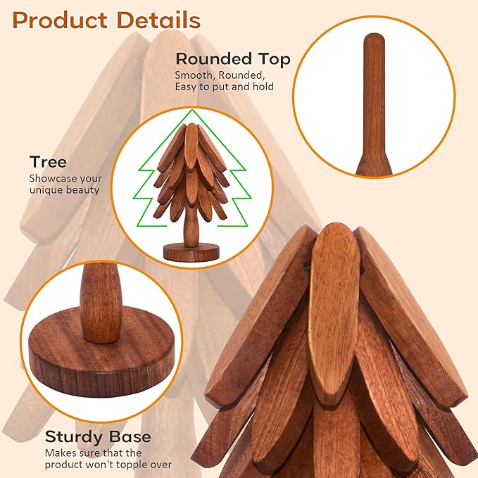 Wooden Trivets for Hot Dishes, Wooden Tree Trivet Set of 4 for Easy Storage - Suited for Hots, Pans/Bowl, Teapot, Hot Holders - Multifunctional Ornaments (Dark - 4 PCs)