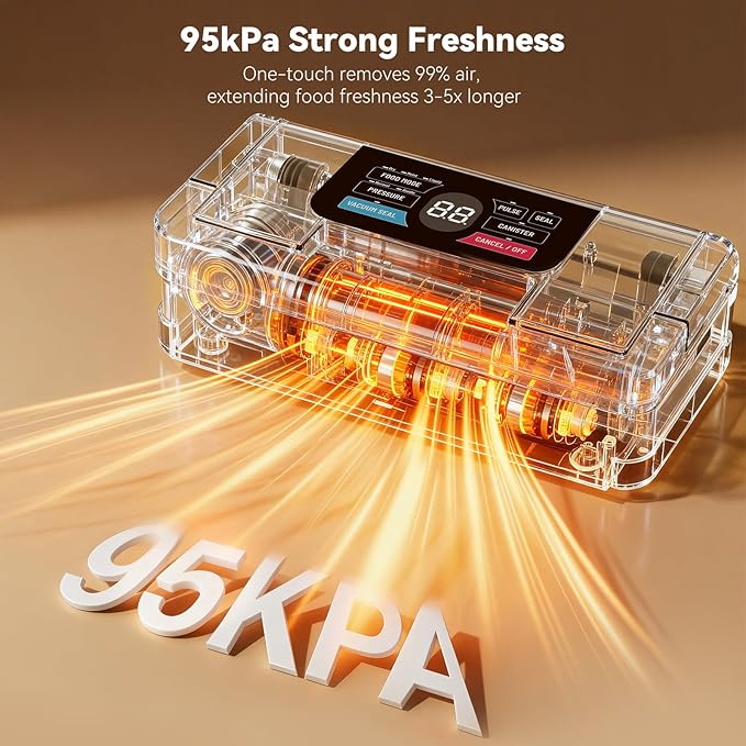 95kPa Powerful Vacuum Sealer for Food, Fully Automatic 10-in-1 Vacuum Sealer Machine with Easy Handle, Built-in Cutter & Roll Storage, Digital Countdown Display, Premium Stainless Steel Design