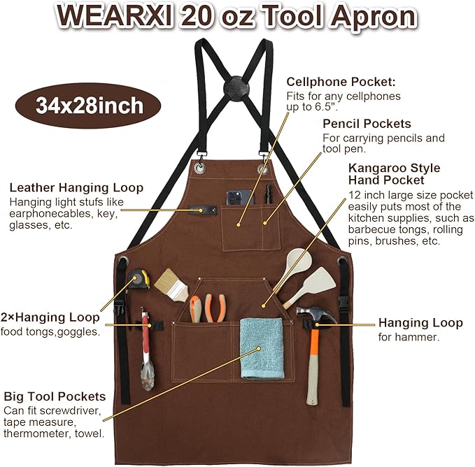 WEARXI Aprons for Men, Woodworking Apron with Tool Pockets, Canvas Work Apron for Woodworkers, Mechanics, Blacksmiths, Carpenters S-XXXL, Mens Aprons Gifts for Dad, Gifts for Father Day, Dad Gifts
