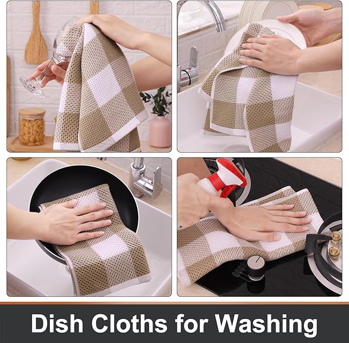 Mordimy 100% Cotton Waffle Weave Kitchen Towels, 13 x 28 Inches, Super Soft and Absorbent Buffalo Check Dish Towels for Drying Dishes, 8-Pack, Khaki & White