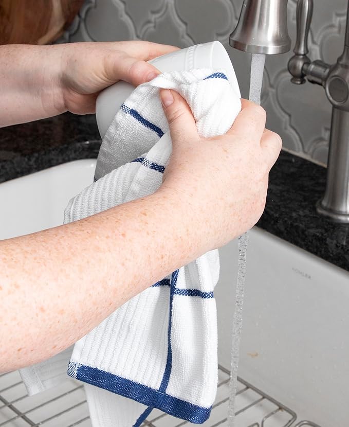 T-Fal Solid & Checked Parquet Kitchen Towels: Highly Absorbent, Super Soft Long Lasting - 100% Cotton, 16"x26" Dish Towels for Cleaning & Drying Dishes, Pans, Glassware, Countertops, 6-Pack, Blue