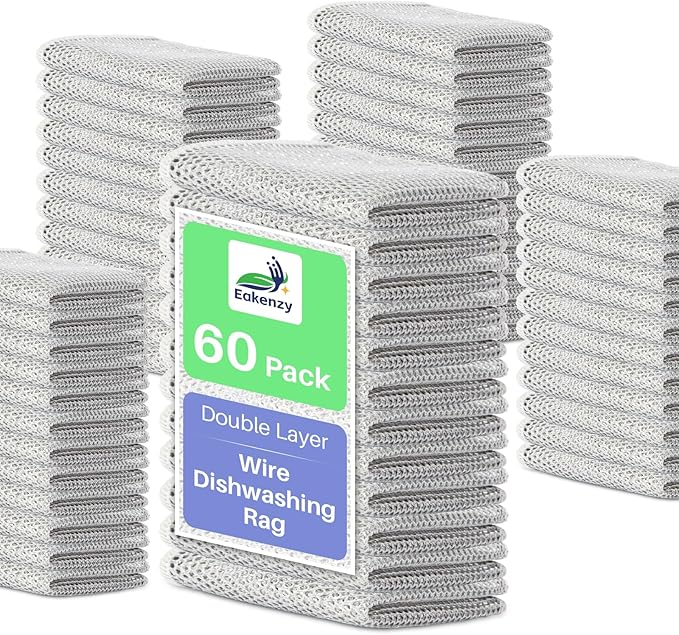 Non Scratch Wire Dishcloth, Multipurpose Wire Dishwashing Rag for Wet and Dry, Steel Cloth for Washing Dishes, Rust Removal Cleaning Cloth Kitchen, No Odor, Double Layer, 60 Pack