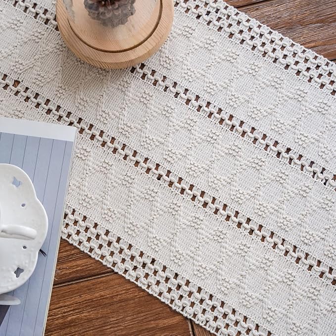 Alynsehom Macrame Table Runner Cream Beige Boho Table Runners with Tassels Hand Woven Cotton Table Runner Rustic Farmhouse Table Runners for Bohemian Kitchen Dining Table(12x71in)