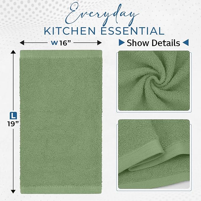 DAN RIVER Kitchen Bar Mops,Pack of 12,16 by 19 Inches,100% Cotton Super Absorbent,Multi-Purpose Cleaning Towels for Home and Kitchen Bars-Sage Green