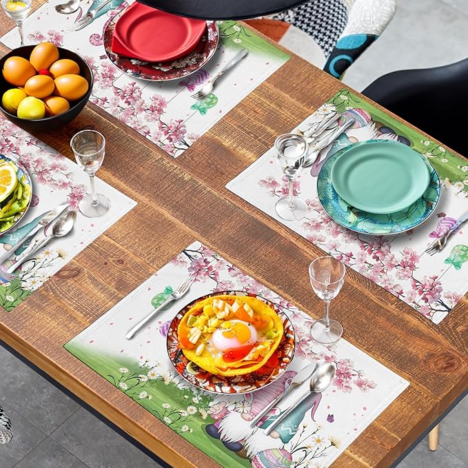 Easter Gnomes Bunny Placemats Set of 4 Easter Eggs Flowers Place Mat 12x18 Inch Seasonal Spring Farmhouse Washable Linen Table Mats for Party Kitchen Dining Outdoor Indoor Decor
