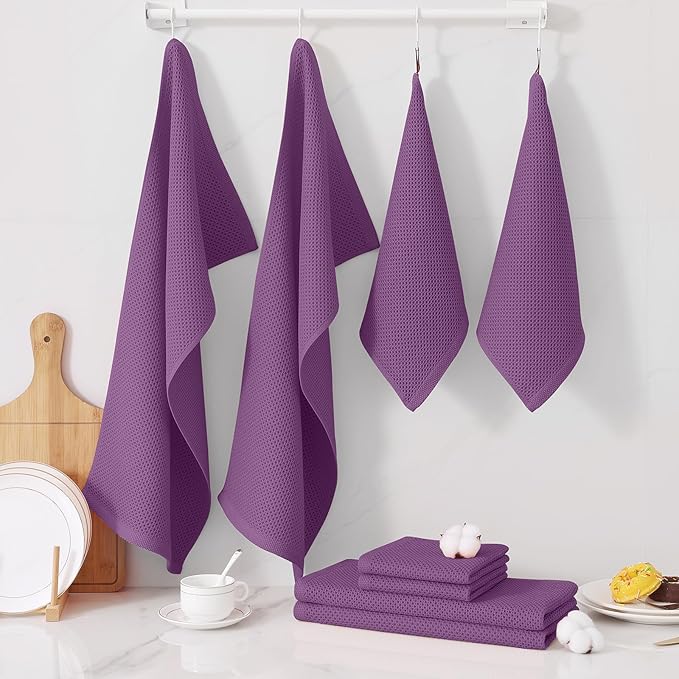 Homaxy 100% Cotton Kitchen Towels and Dishcloths Set, 12 x 12 Inches and 13 x 28 Inches, Set of 10 Bulk Kitchen Towels Set, Ultra Soft Absorbent Dish Cloths for Washing Dishes, Purple