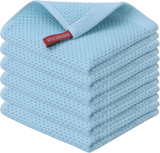 Kitinjoy 100% Cotton Kitchen Dish Cloths (12 X 12 Inches, Sky Blue), 6 Pack Waffle Weave Ultra Soft Absorbent Dish Towels for Drying Dishes Quick Drying Kitchen Towels Dish Rags