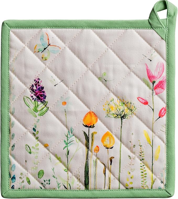 Maison d' Hermine Pot Holders 100% Cotton Heat Resistant Potholders 8" x 8" Hot Pads with Loop BBQ Cooking Baking Gifts for Mothers Day Handling Hot Pans Spring/Summer(Pack of 1, Botanical Fresh)