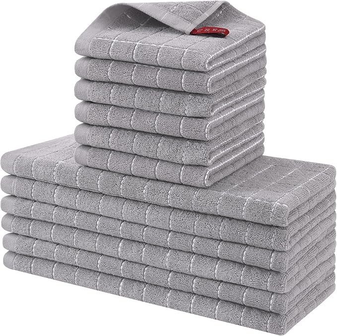 Homaxy Kitchen Towels and Dishcloths Set, 12 x 12 and 13 x 28 Inches, Set of 12 Bulk Cotton Terry Kitchen Towels Set, Checkered Designed, Soft and Super Absorbent Dish Towels, Light Grey