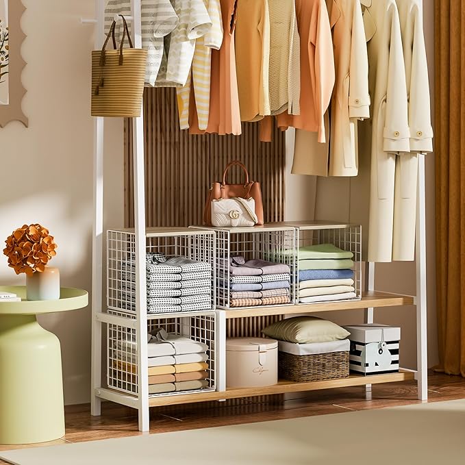 4 Pack Closet Organizers and Storage with Wood Top, Stackable Closet Shelf Organizer, Double Storage Design, Clothes Storage Basket/Cube Organizer for Wardrobe, Sturdy, White (Patent Pending) ﻿