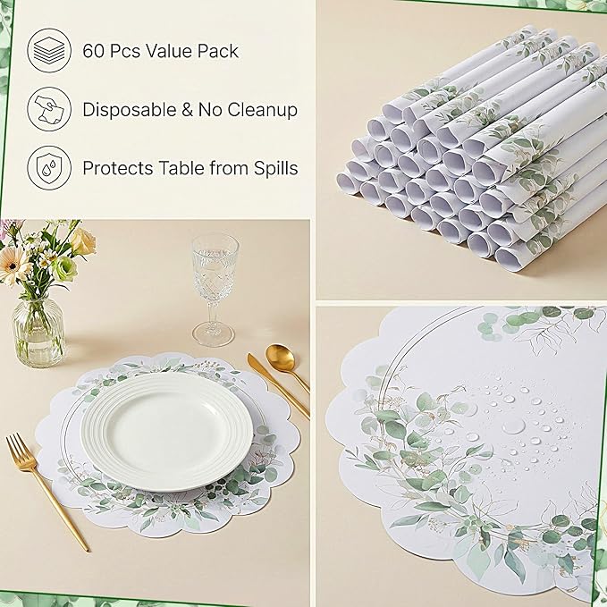 60Pcs Green Eucalyptus Leaves Paper Placemats, 13.5 Inch Disposable Wedding Placemat Scalloped Spring Table Mats, Round Paper Place Mats for Banquet Table Setting Baby Shower Wedding Bridal Tea Party