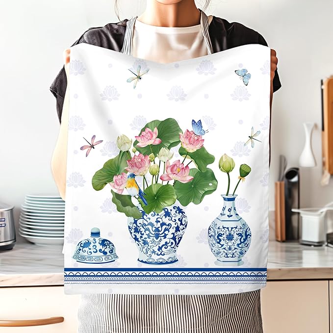 Blue and White Porcelain Tea Towels, Cotton Kitchen Towel 18.9 × 27.5 inch, Quick Drying Dish Cloth for Party Anniversary Holiday Decoration, Housewarming Gifts for Mom
